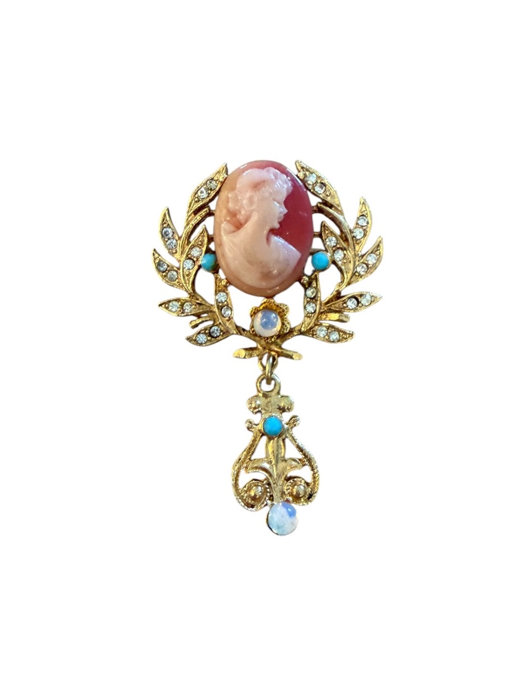 💎 VINTAGE CAMEO Gold-Tone Coral and Turquoise Accent Pendant Brooch